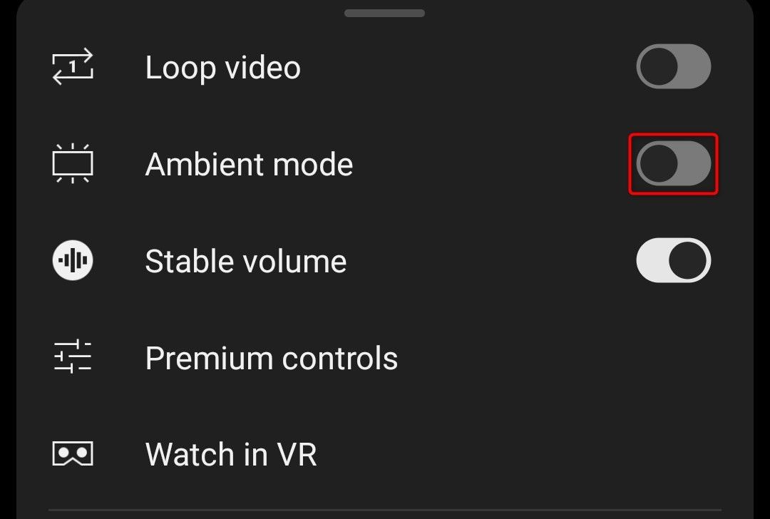 'Ambient Mode' highlighted in YouTube's video settings.