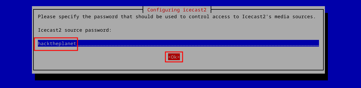 Terminal window asking for a source password for Icecast on Debian