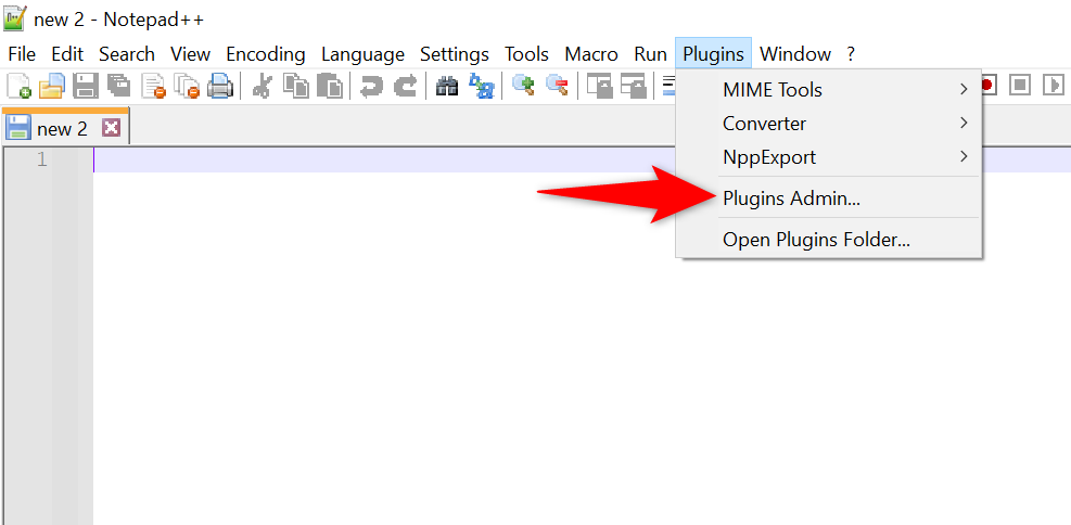 'Plugins Admin' highlighted in Notepad++.