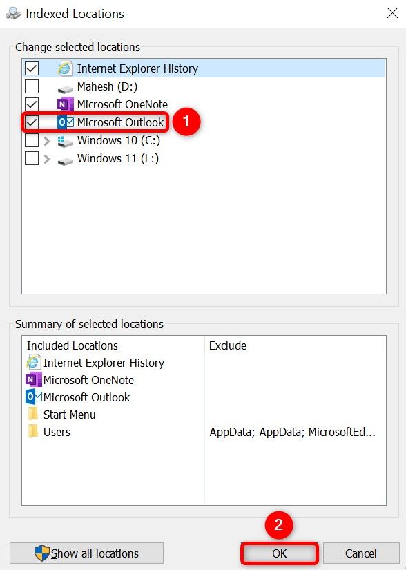 'Microsoft Outlook' and 'OK' highlighted on the 'Indexed Locations' window.