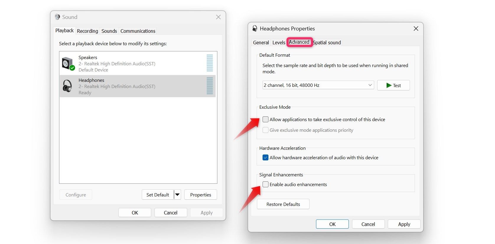 Disabling exclusive mode and audio enhacements in sound settings on windows