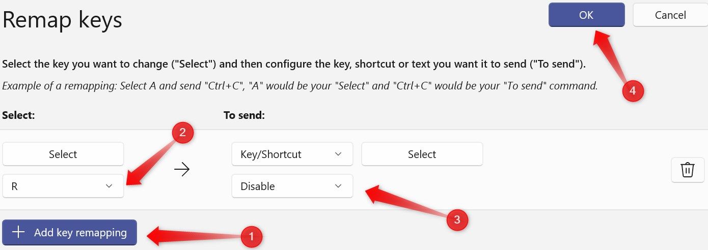 Disabling the 'R' key in the Keyboard Manager in the Microsoft PowerToys app on Windows.
