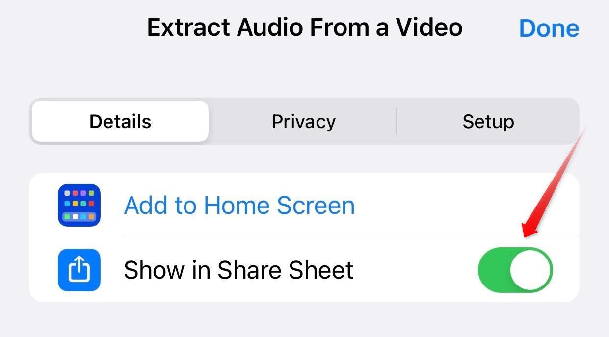 Enabling the 'Show in Share Sheet' option for a shortcut in the Shortcuts app on an iPhone.