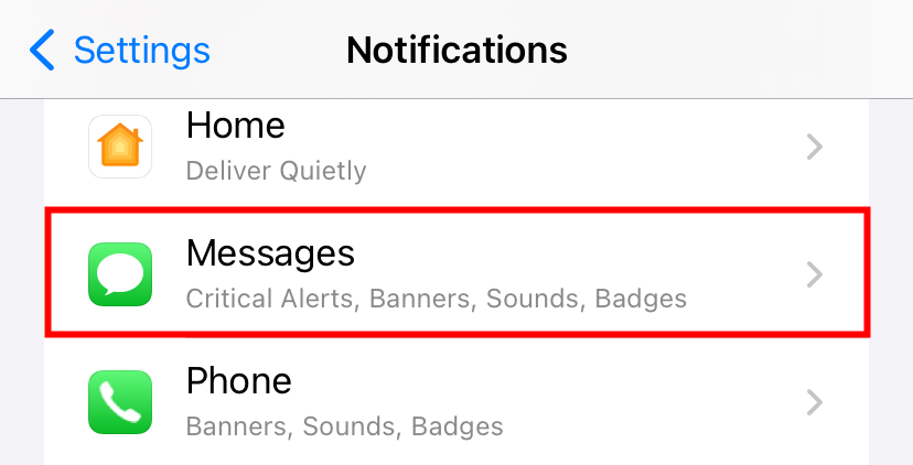 We selected the Messages app in the Notifications menu.