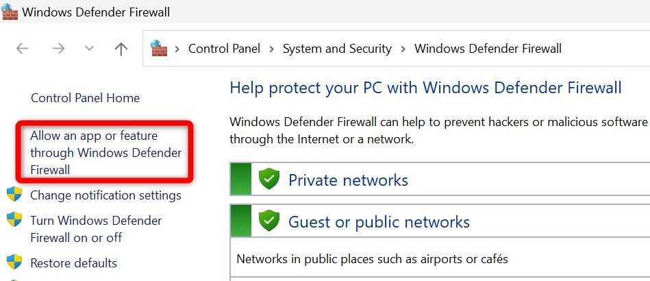 Opening the firewall settings to whitelist Steam and the game in Windows Defender.