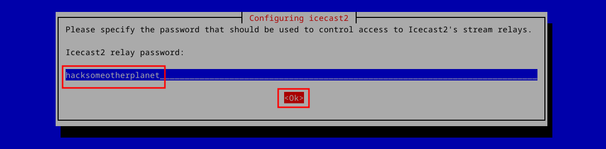 Terminal window asking for a relay password for Icecast on Debian
