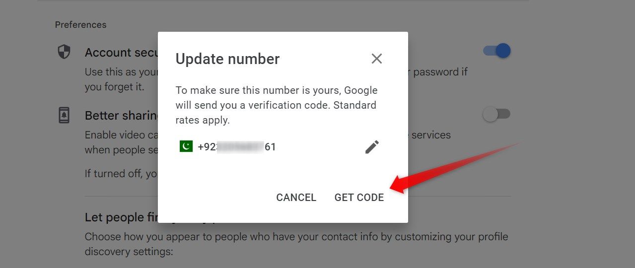 Getting the code to verify the new number belongs to us in Google account settings