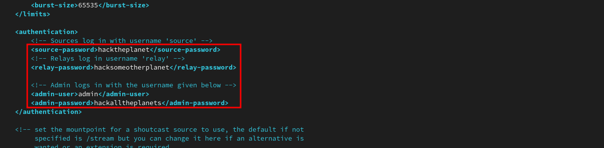 Editor with icecast icecast.xml open, showing passwords to edit