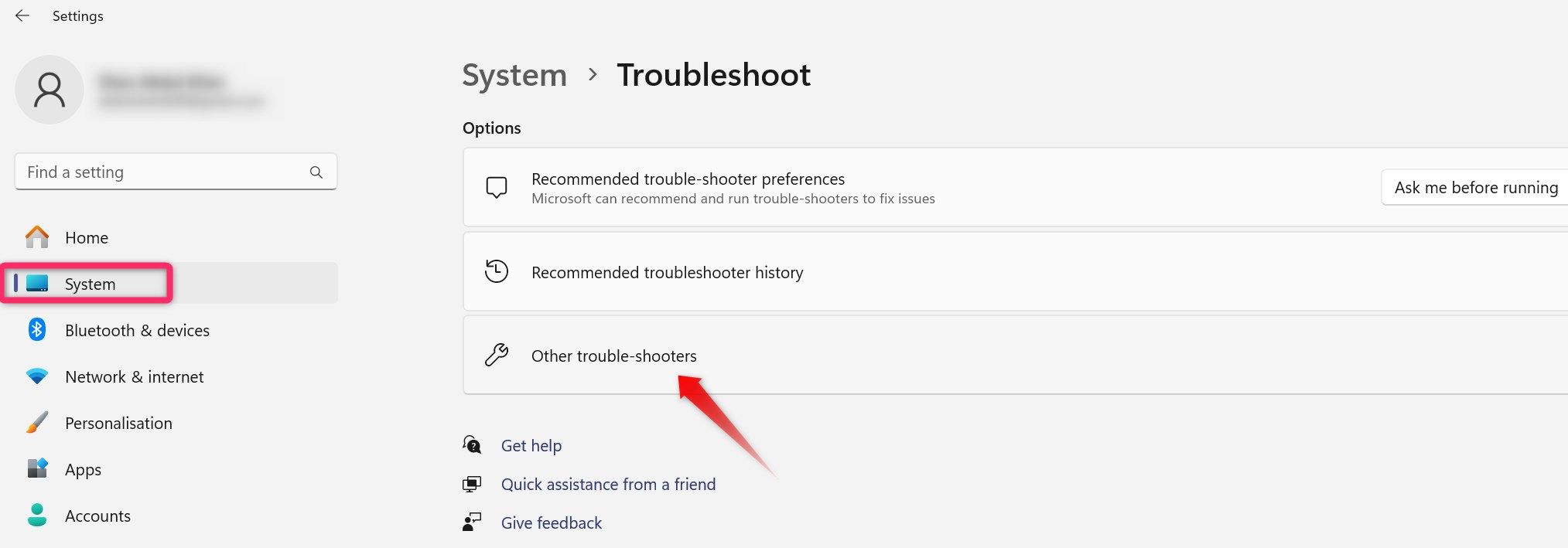 Opening other troubleshooters settings on windows