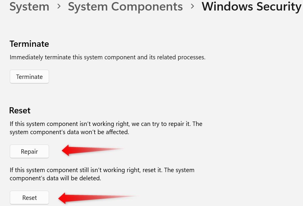 Repairing and resetting the Windows security app.