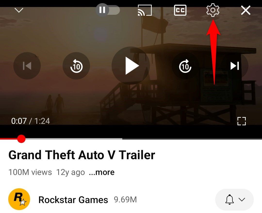 Gear icon highlighted for YouTube's video player.