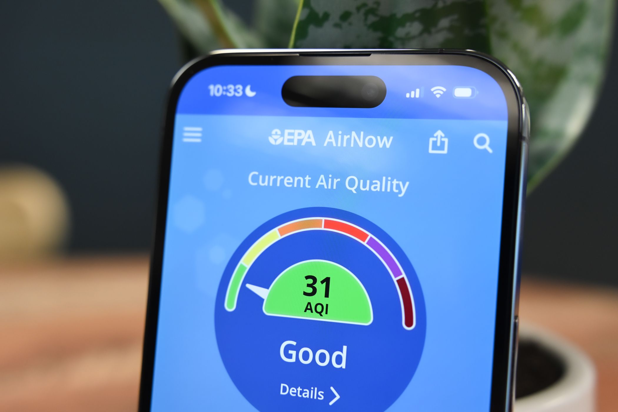 The AirNow app open on an iPhone reading a good air quality
