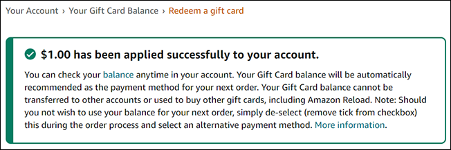 Gift card successfully redeemed on the Amazon website.