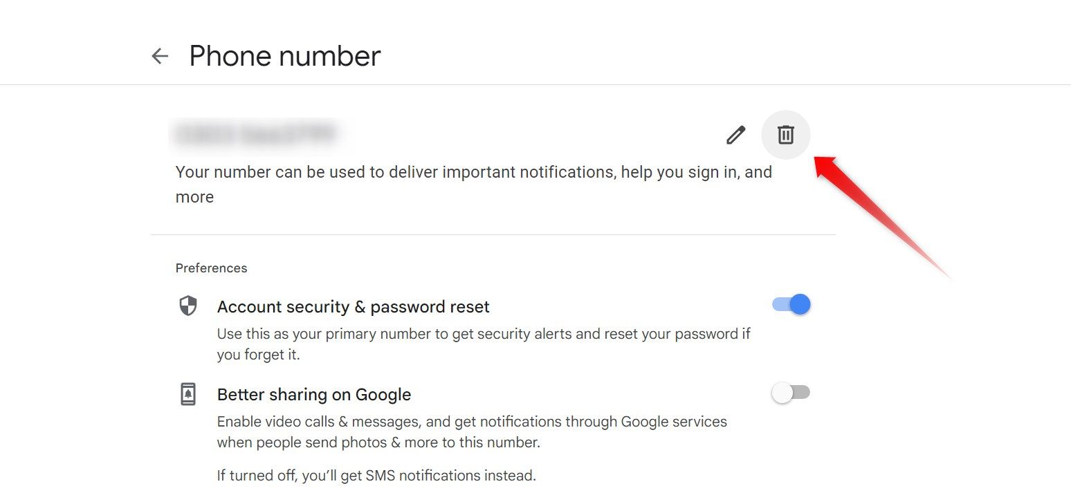 Deleting the phone number in the Google account