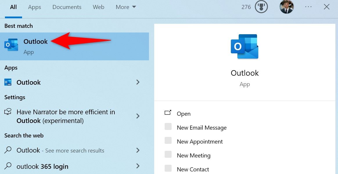 Outlook highlighted in the Start Menu.