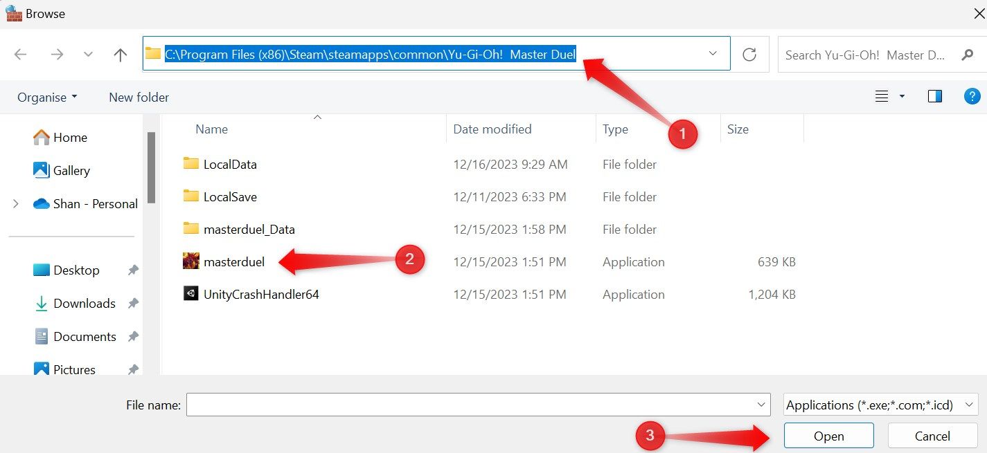 Selecting the game's executable file to whitelist in the Windows Defender Firewall.