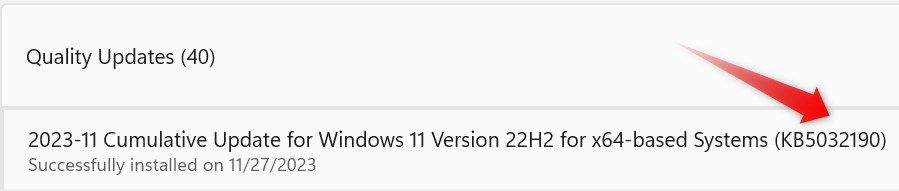 Checking details of the recently installed updates on Windows.