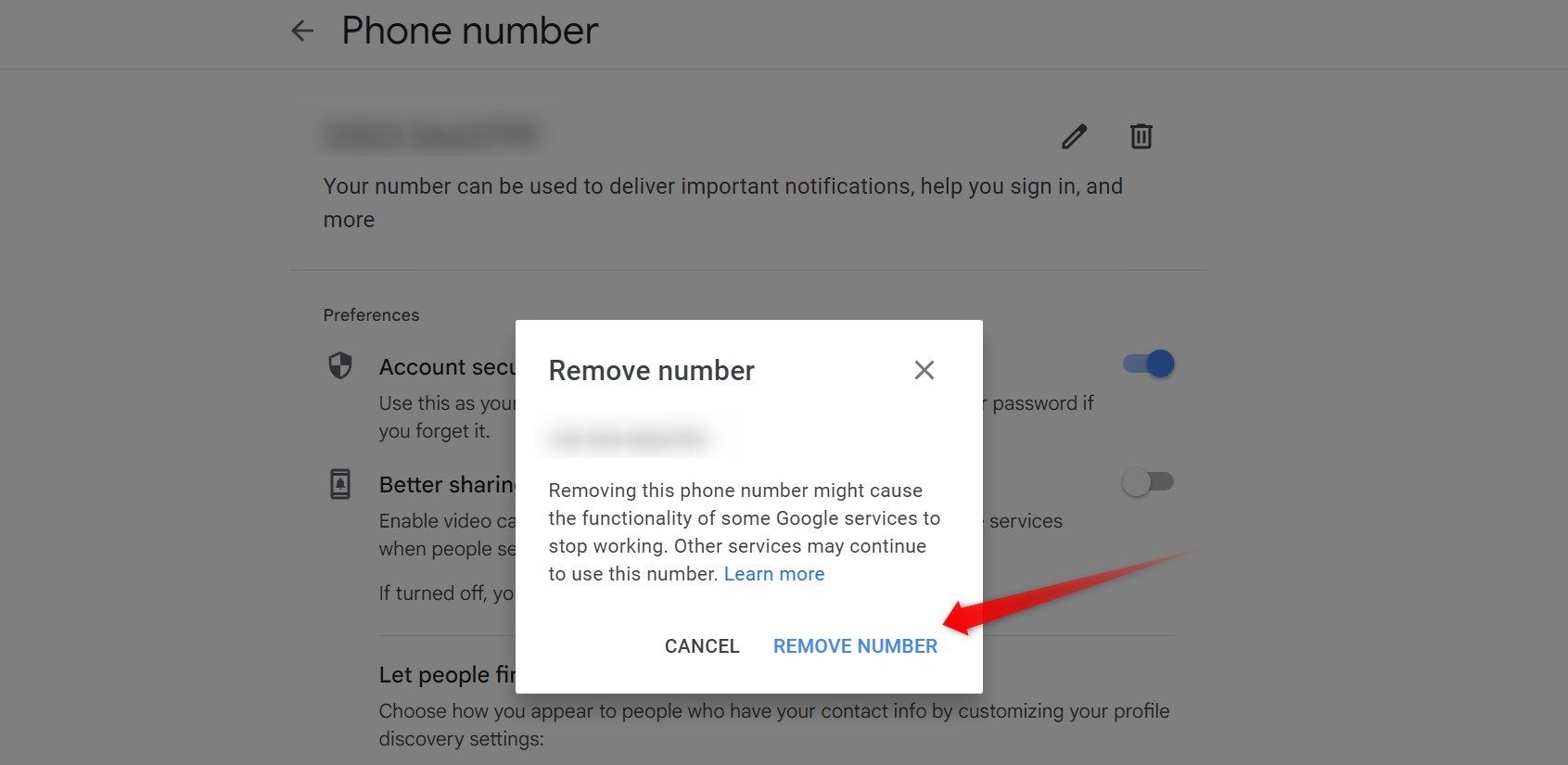 Confirming to remove the phone number from the popup