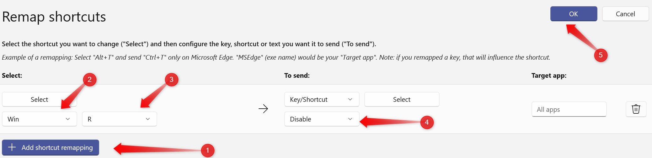 Disabling a particular shortcut using Keyboard Manager in Microsoft PowerToys on Windows.