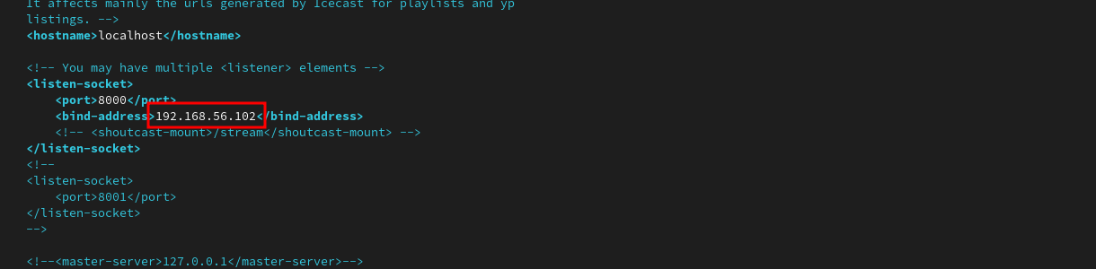 Editor with icecast icecast.xml open, showing bind-address to edit