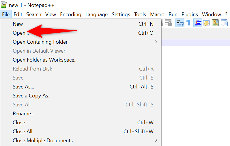 'Open' highlighted in Notepad++.