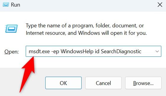 'msdt.exe -ep WindowsHelp id SearchDiagnostic' typed in Run.