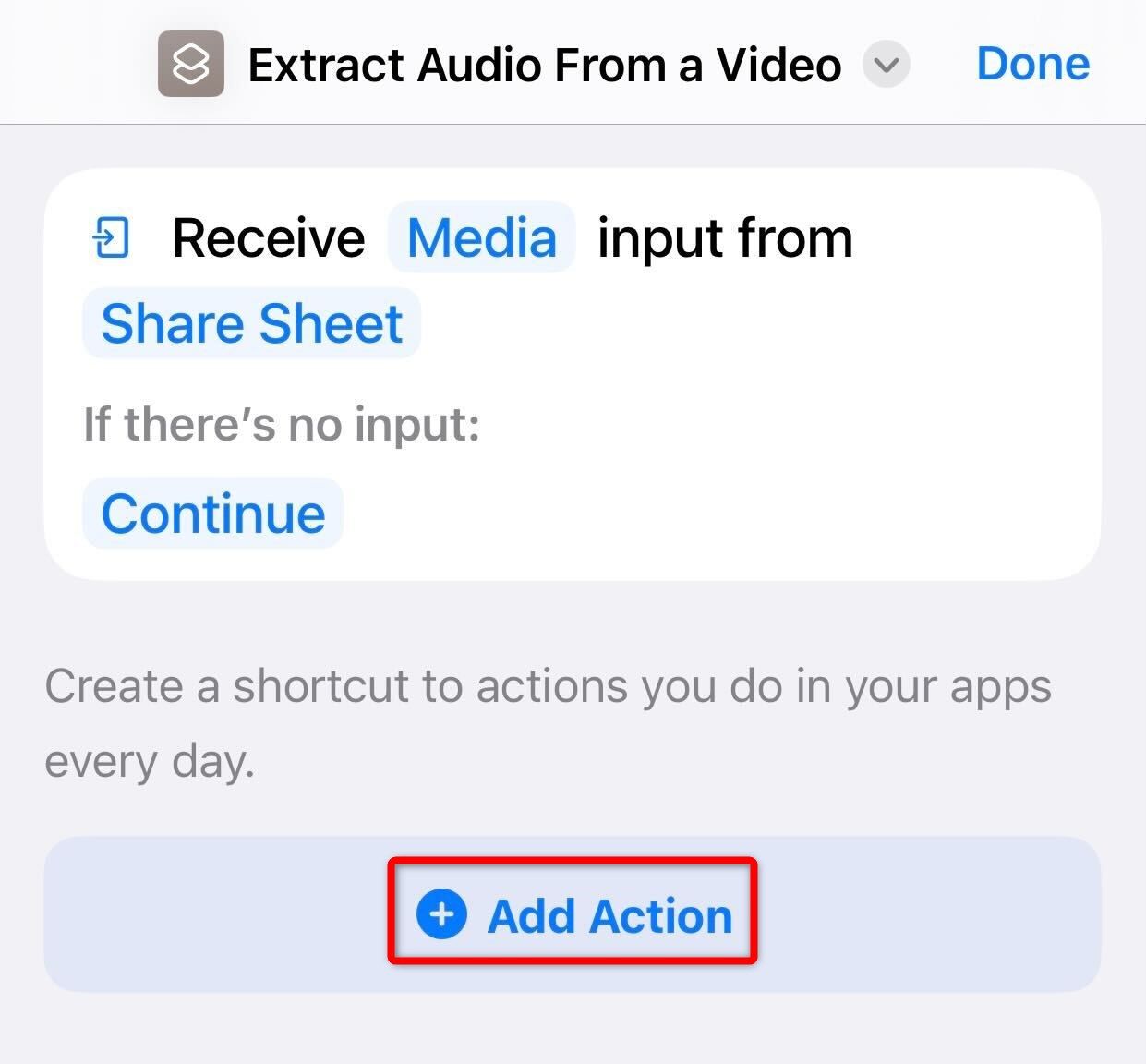 Tapping on 'Add Action' to add an action for the shortcut on iPhone.
