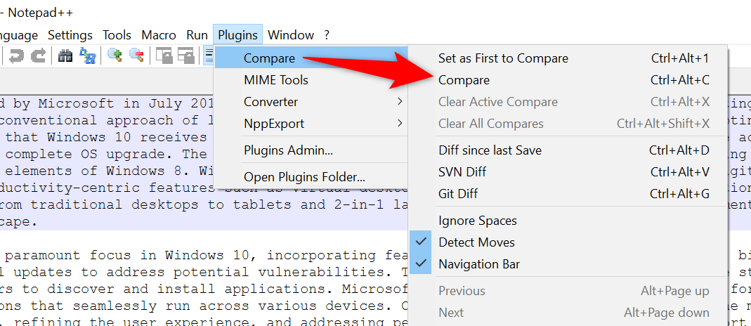 'Compare' highlighted in Notepad++.