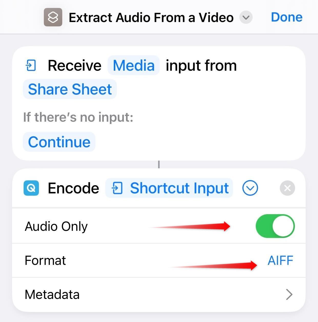 Customizing the action created for a shortcut on iPhone.
