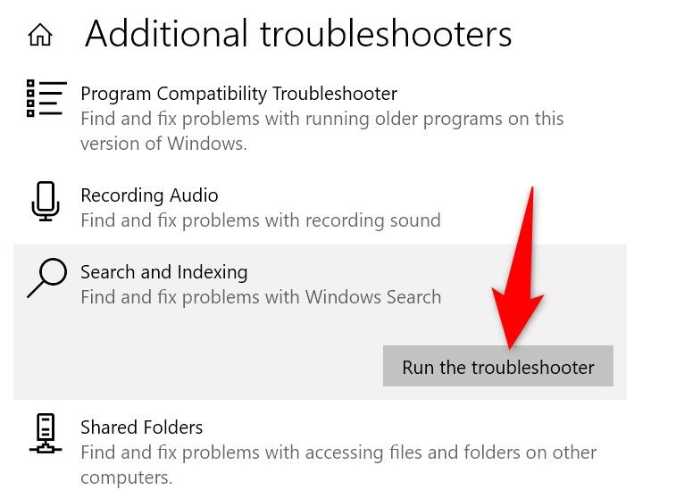'Run the Troubleshooter' highlighted for 'Search and Indexing.'