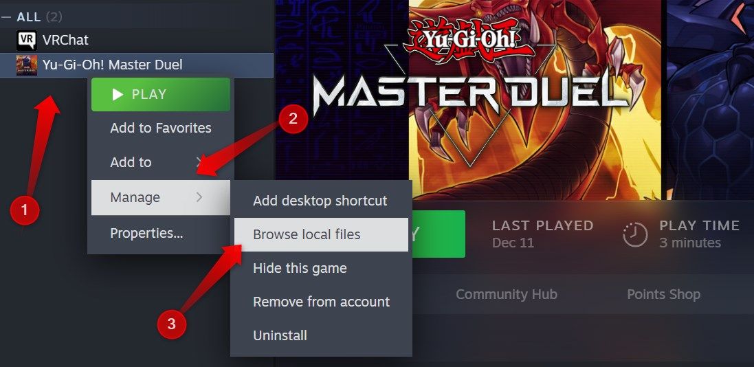 Opening the local files of a game in Steam.