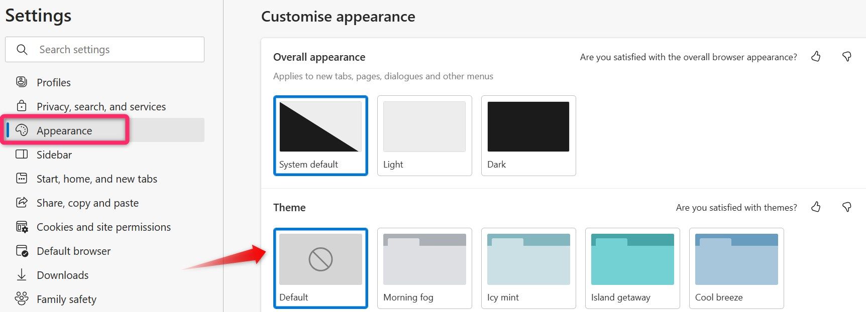 Switching to default theme in Microsoft Edge