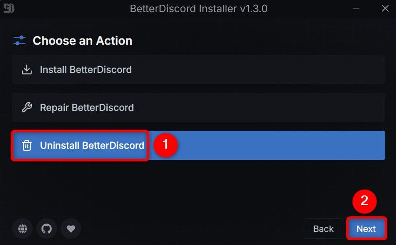 'Uninstall BetterDiscord' and 'Next' highlighted BetterDiscord installer.