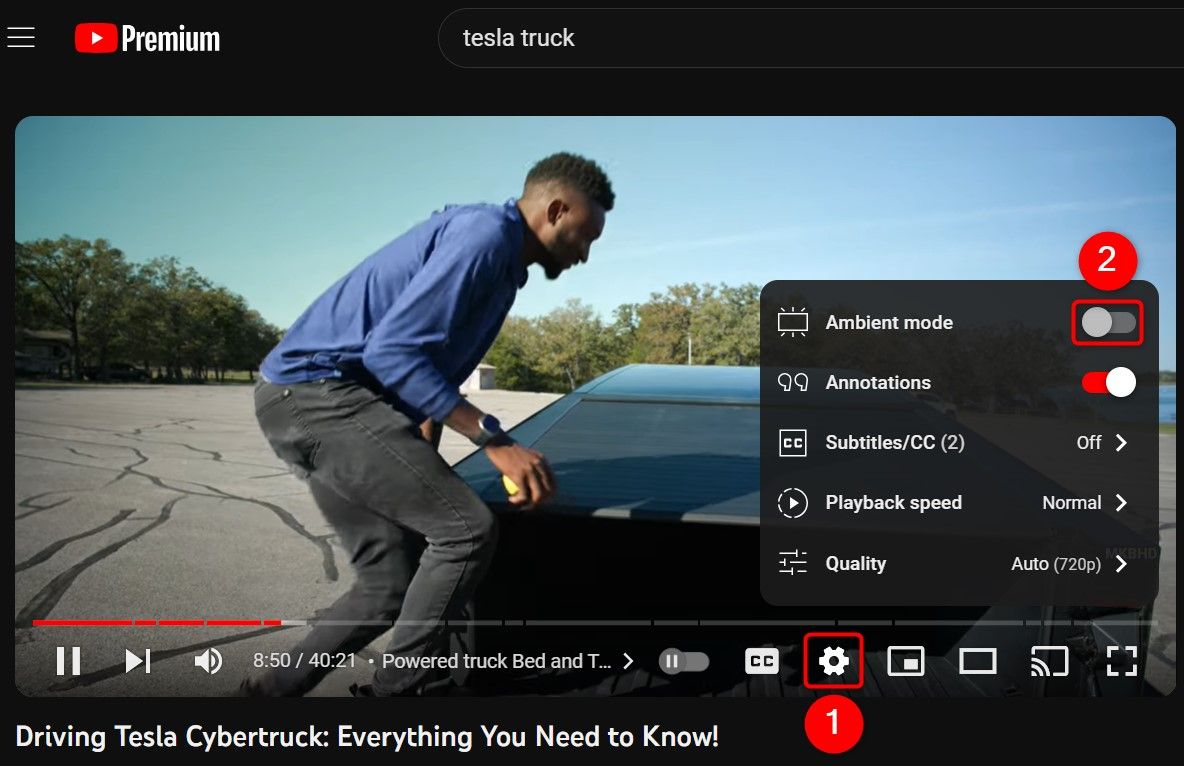 Gear icon and 'Ambient Mode' highlighted on YouTube's desktop site.