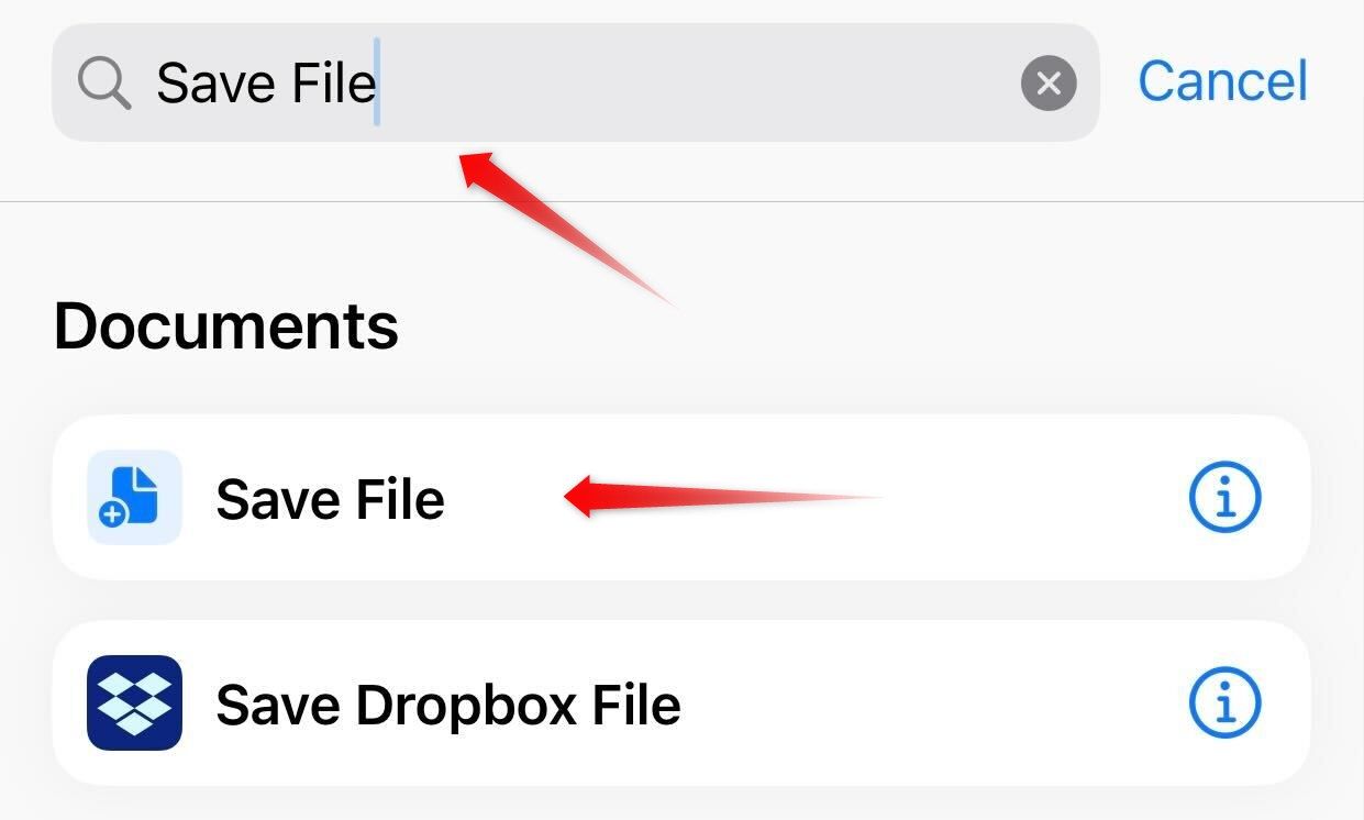 Adding a 'Save File' action in the shortcut on iPhone.