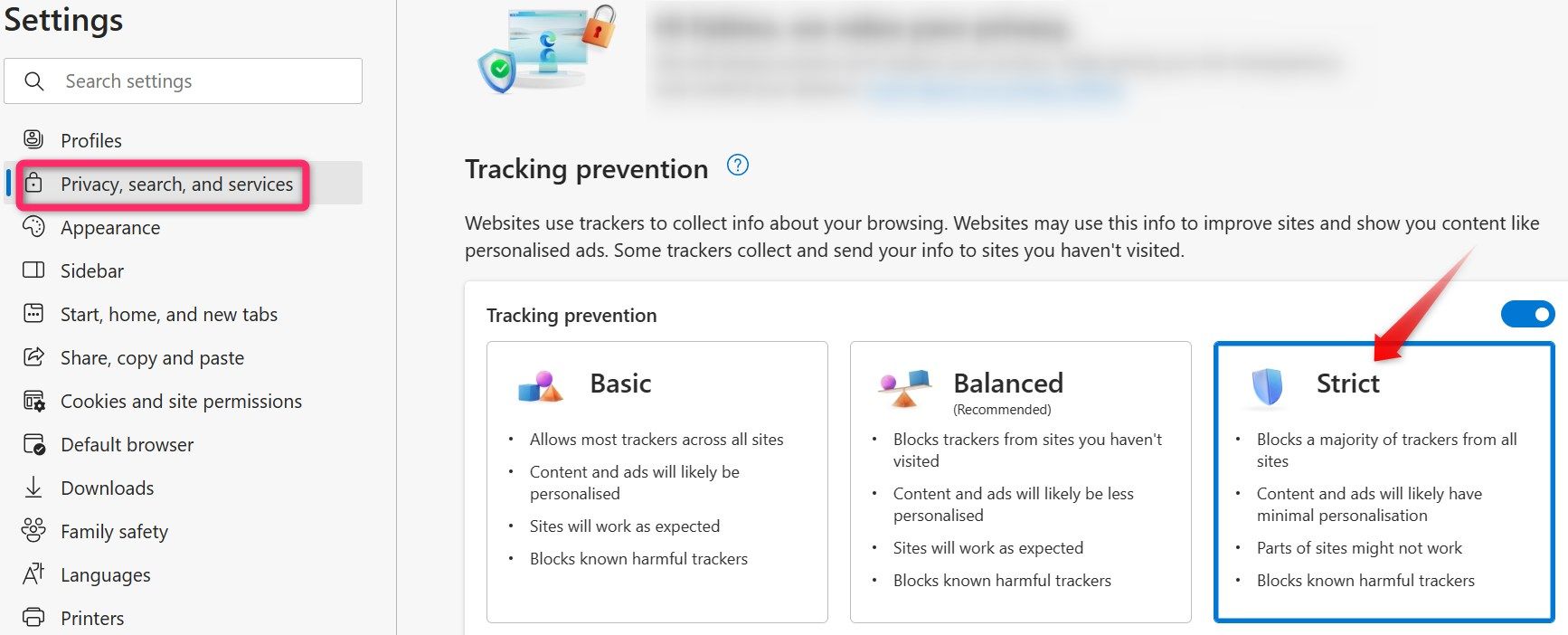 Changing the tracking prevention settings in Microsoft Edge