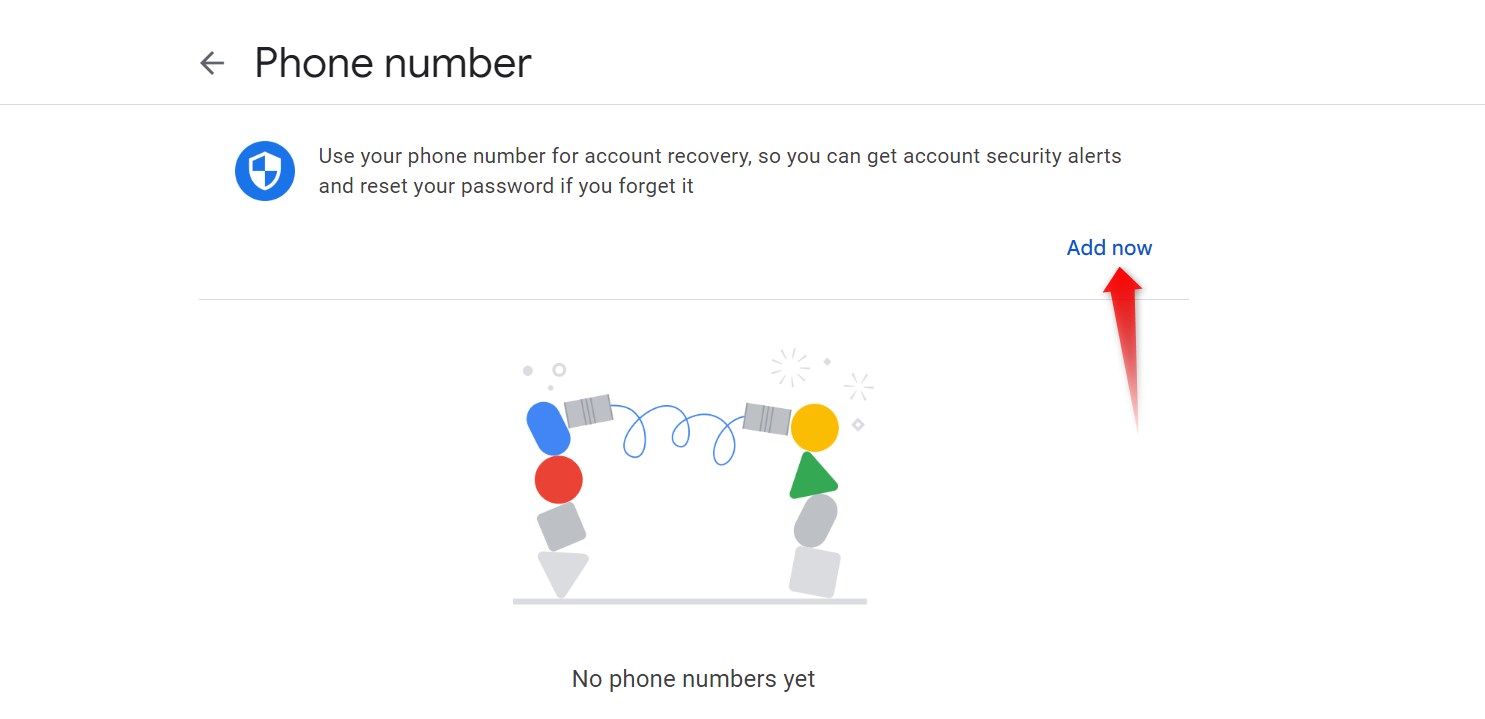 Clicking on Add now to add a new phone in Google account