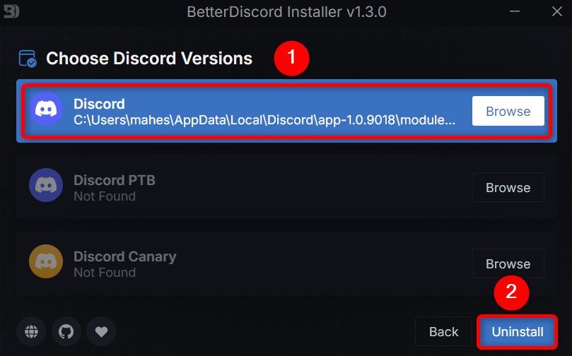 The current Discord app and 'Uninstall' highlighted in BetterDiscord installer.