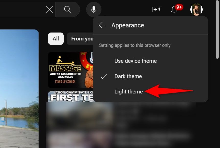 'Light Theme' highlighted on YouTube's desktop site.