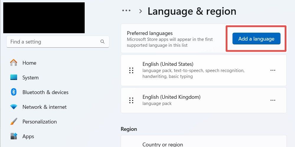The 'Add a Language' button on Windows 11
