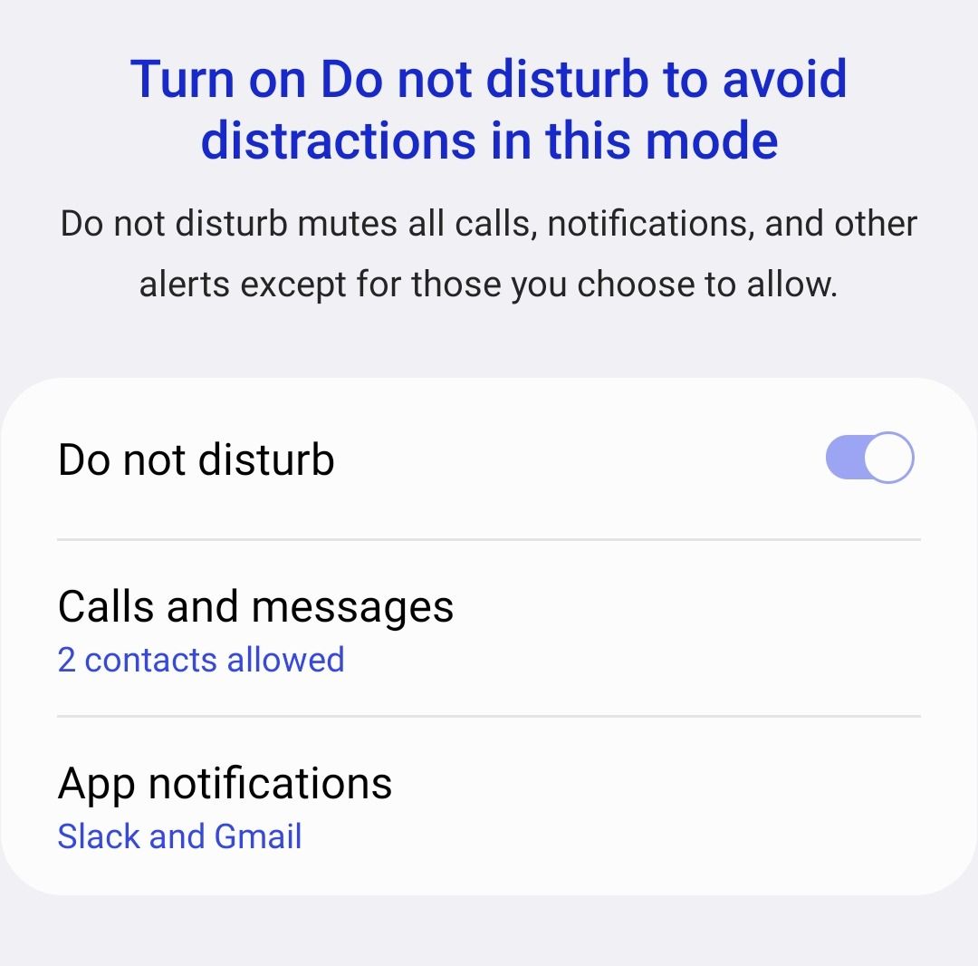 Adding Do not disturb to Work mode on Samsung.