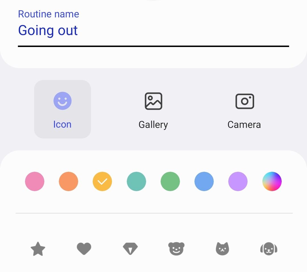 Adding name, icon, and color to routine on Samsung.