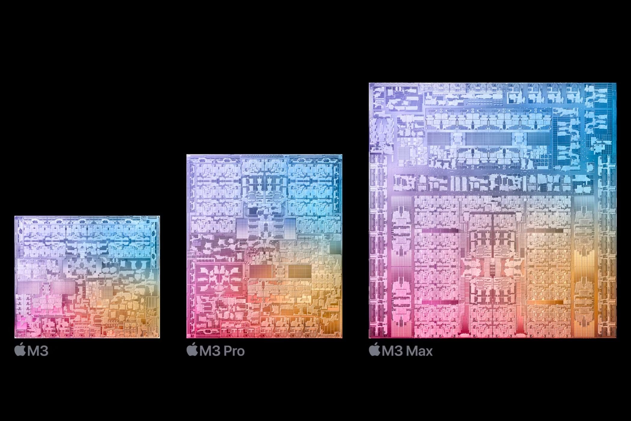 Creative visualization of the M3, M3 Pro, and the M3 Max chipsets by Apple