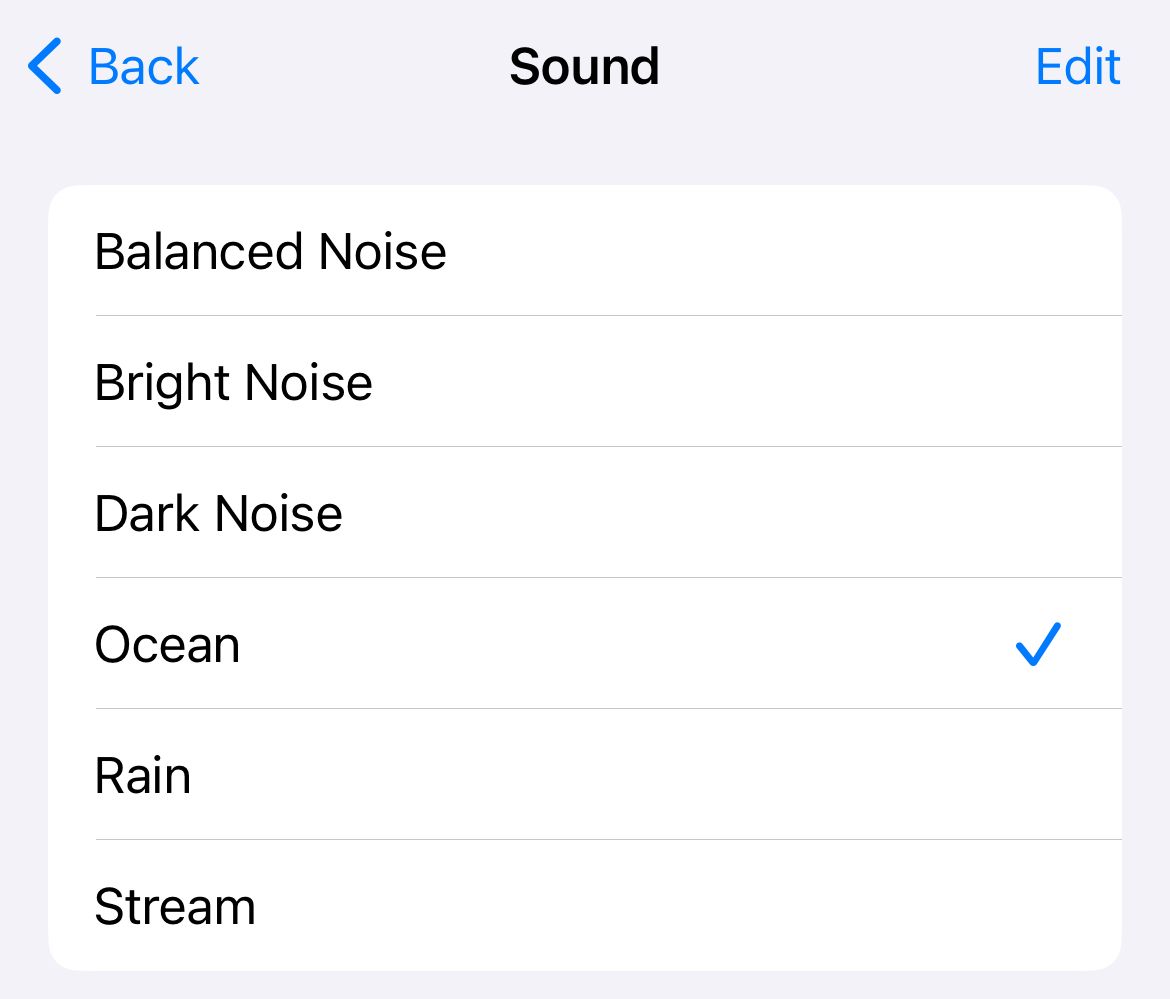 A selection of background sounds available on iPhone.
