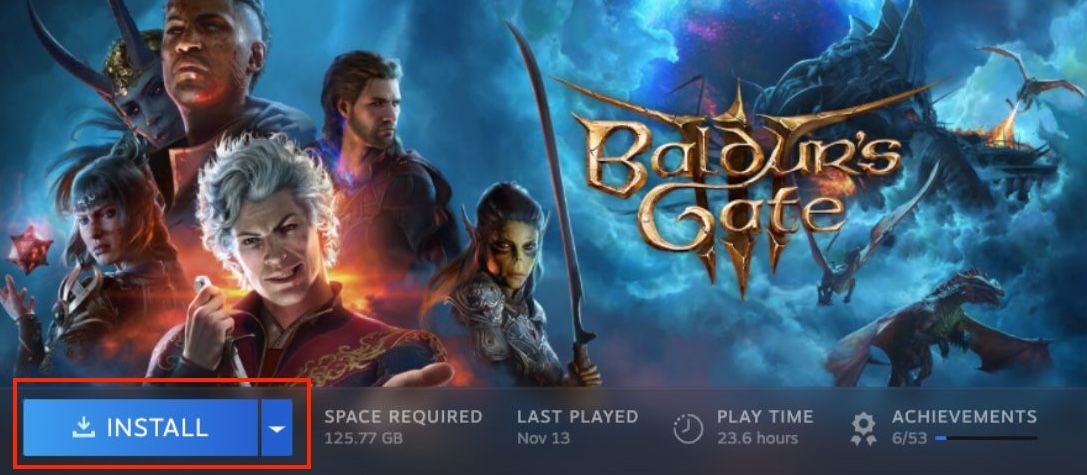 The Baldur's Gate install button in Steam.