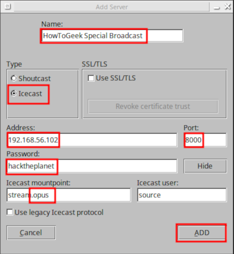 BUTT dialog window showing server settings