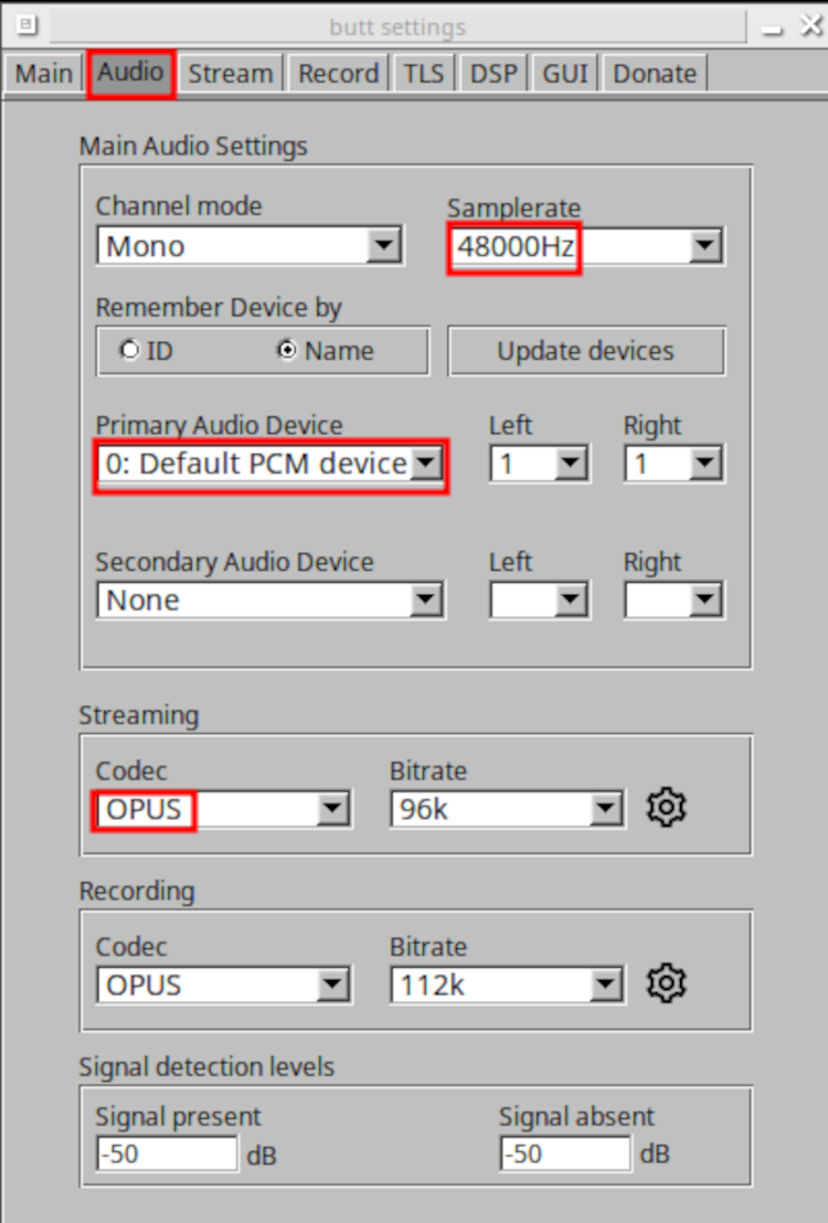 BUTT dialog window showing audio settings