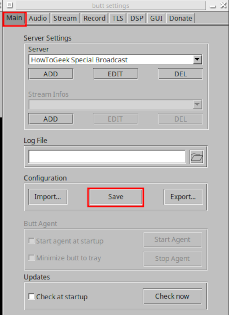 BUTT dialog window showing main settings and to save configuration