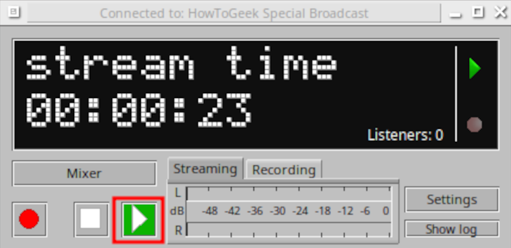 BUTT main window actively streaming to Icecast