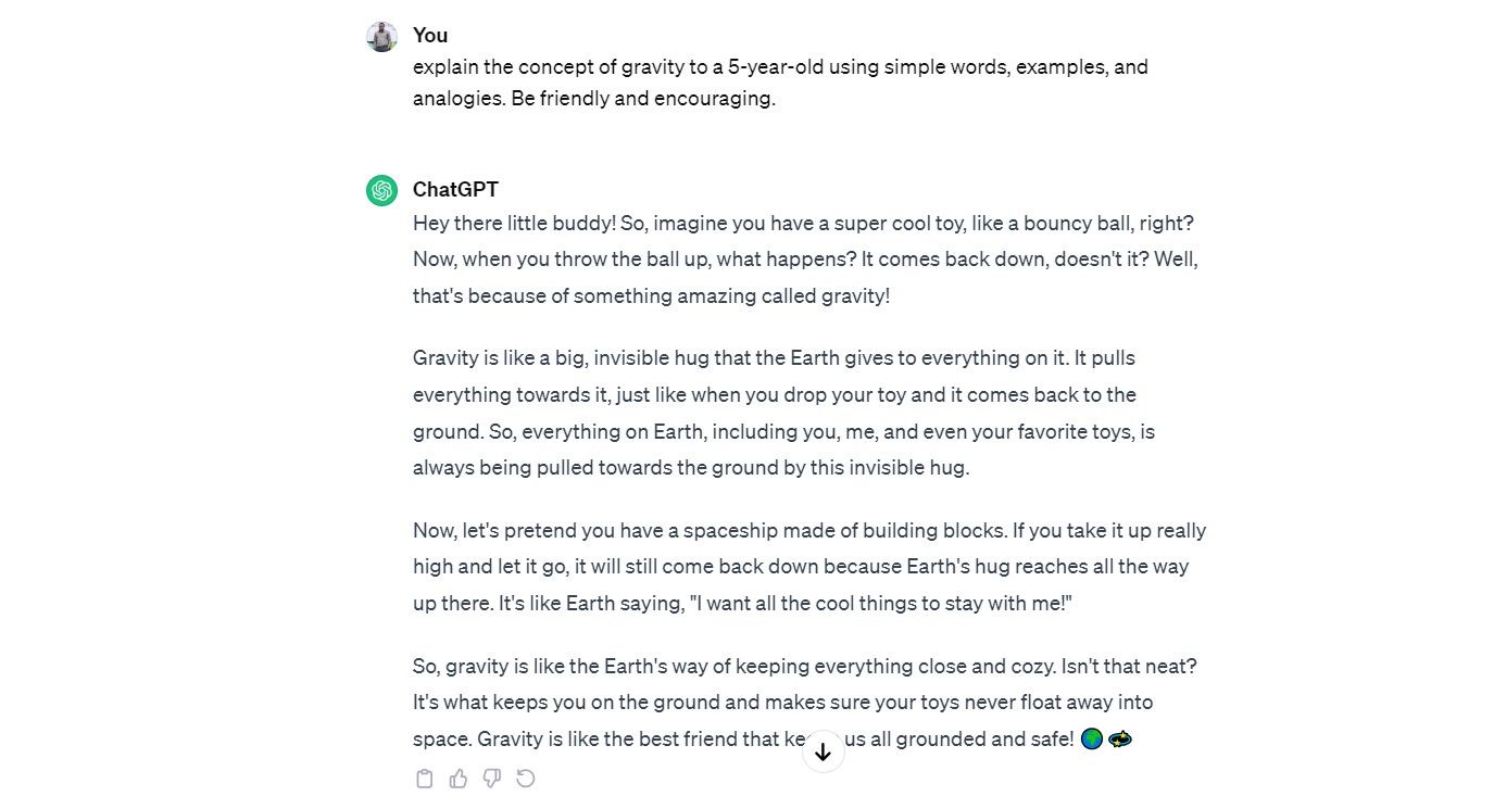 ChatGPT explaining the concept of gravity to a 5-year old